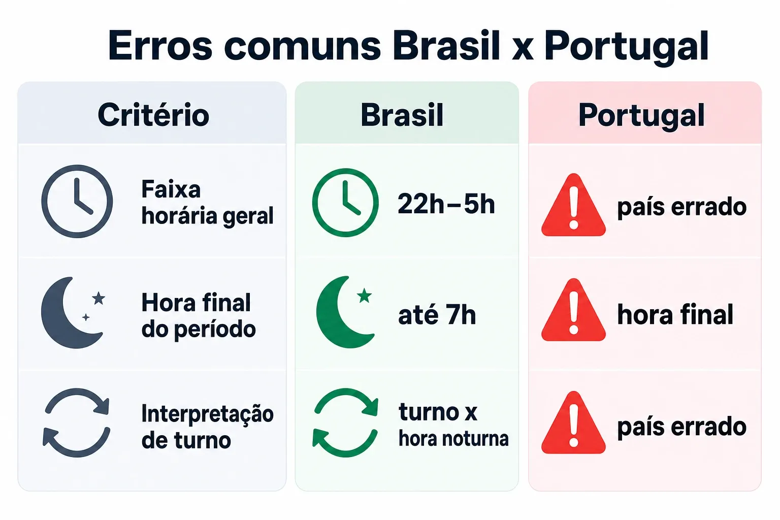 Gráfico comparando critérios do período noturno entre Brasil e Portugal e pontos que causam confusão.