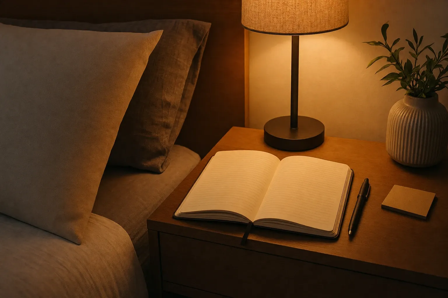 Caderno e caneta em um criado-mudo com luz baixa, pronto para anotar preocupações.