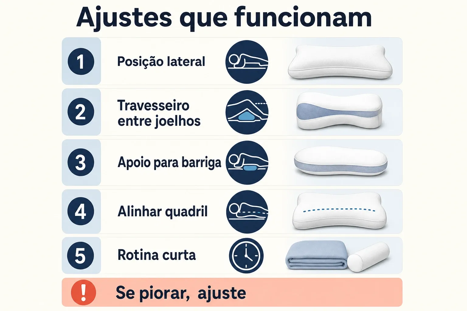 Infográfico de passos mostrando como montar a posição lateral com travesseiro entre os joelhos e apoio para a barriga, para dormir melhor na gravidez.