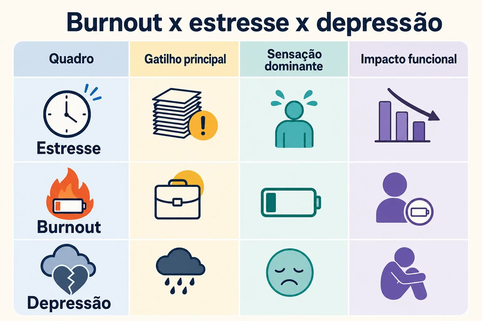 Infográfico comparando gatilhos e impactos de estresse, burnout e depressão.