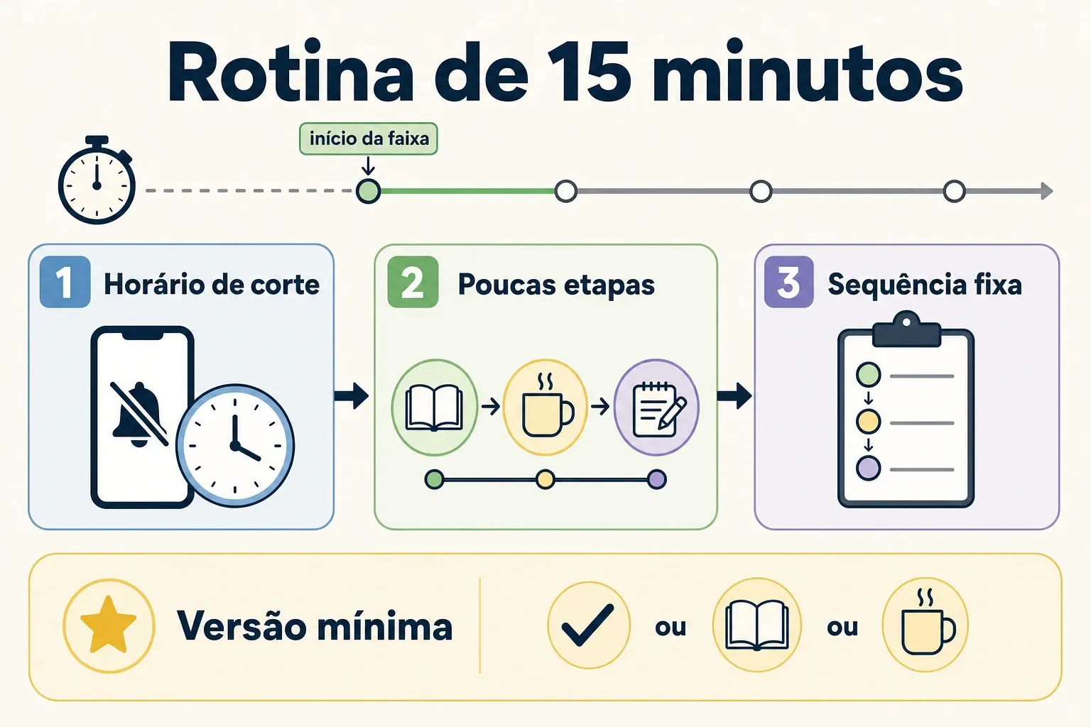 Infográfico com passo a passo para criar uma rotina noturna de 15 minutos, com versão mínima para dias difíceis.