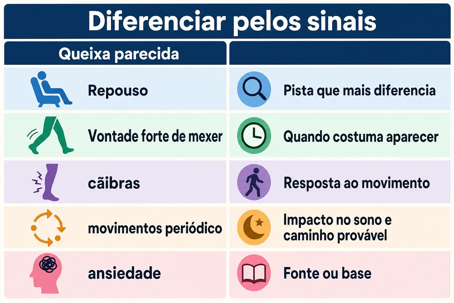 Infográfico comparando pernas inquietas, cãibras, movimentos involuntários e ansiedade para diferenciar sinais e momento de ocorrência.