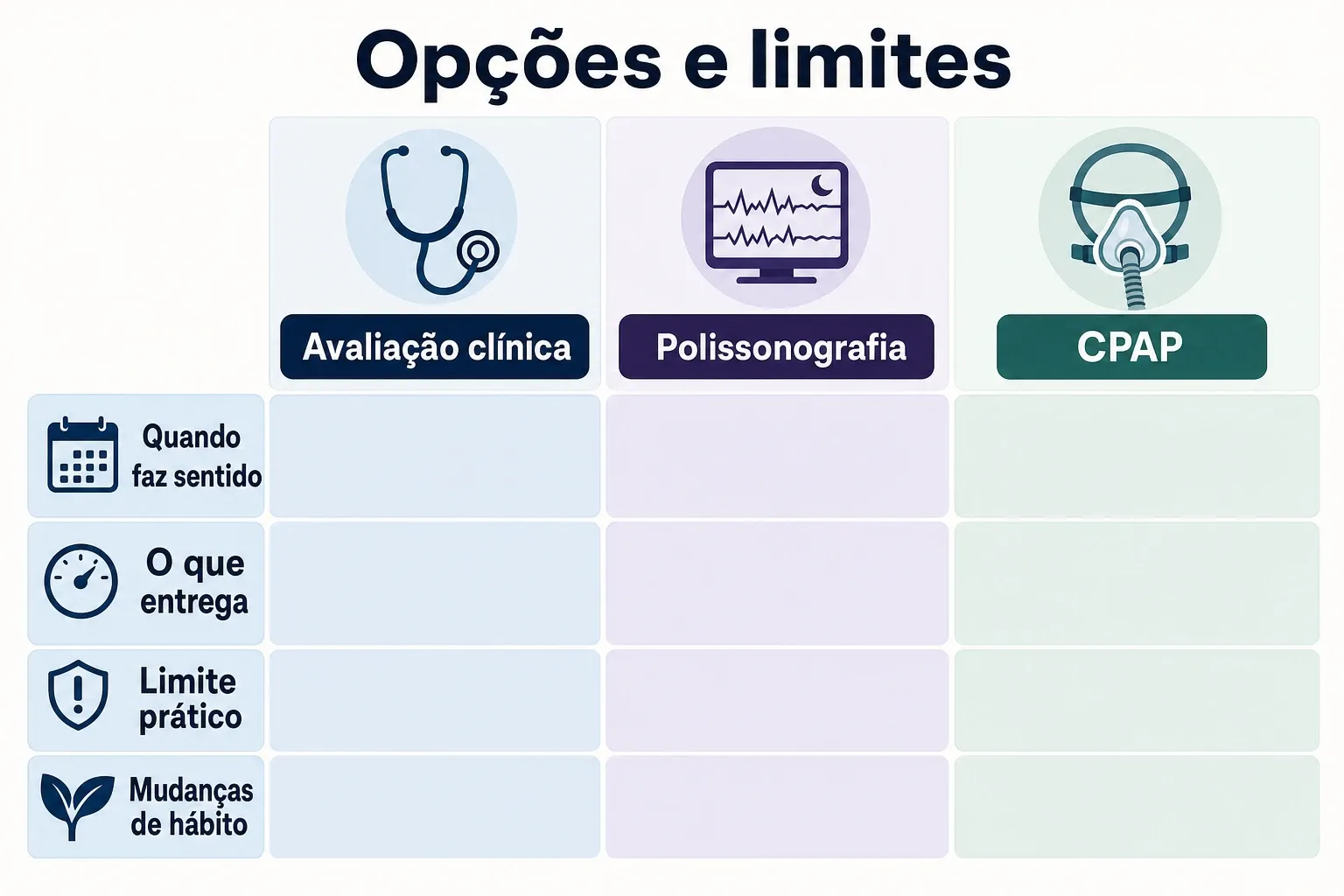 Gráfico comparativo com opções de diagnóstico e tratamento da apneia do sono, com rótulos curtos por categoria.