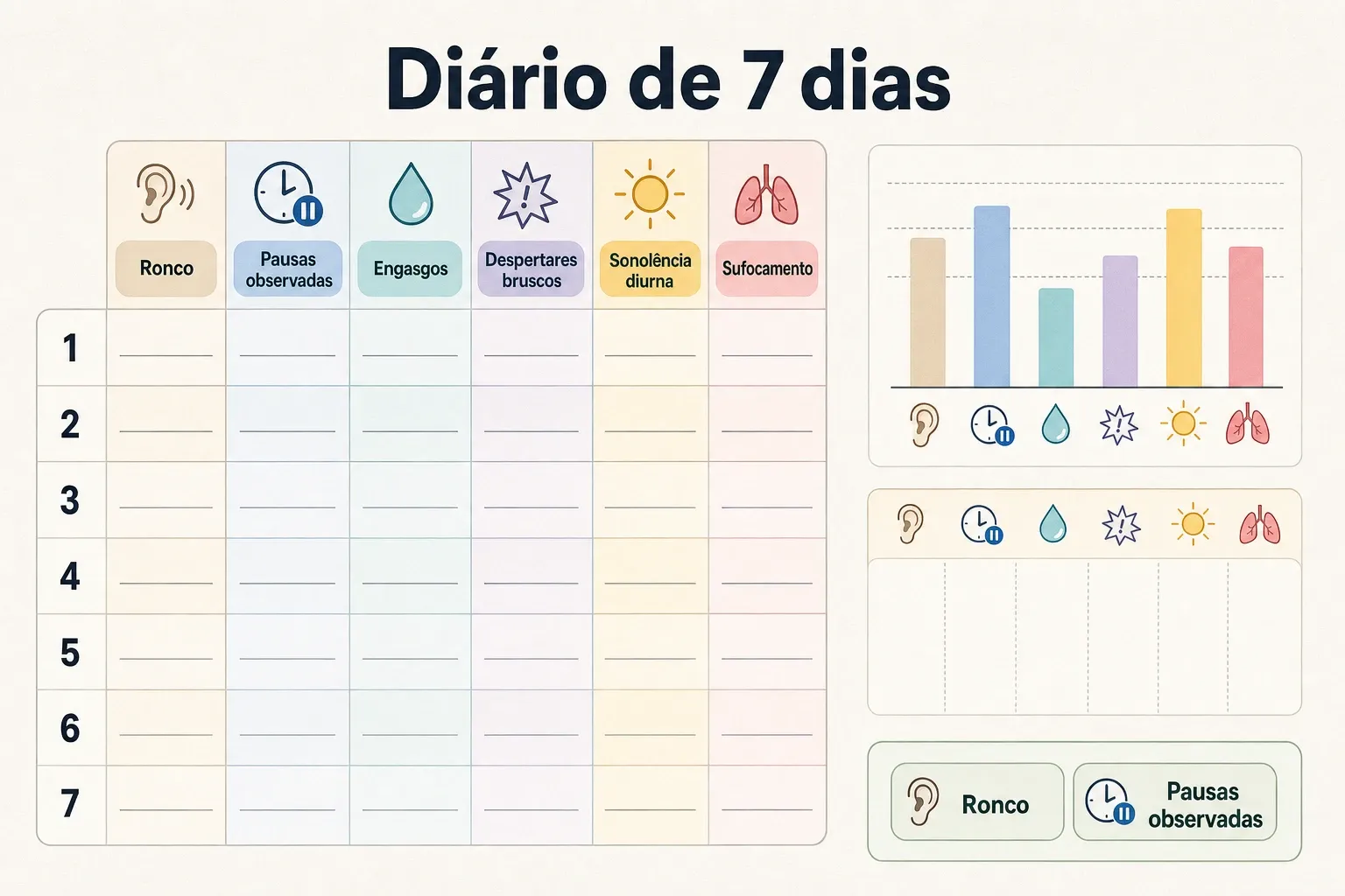 Infográfico em formato de checklist de 7 dias para registrar sinais da apneia do sono antes da consulta.