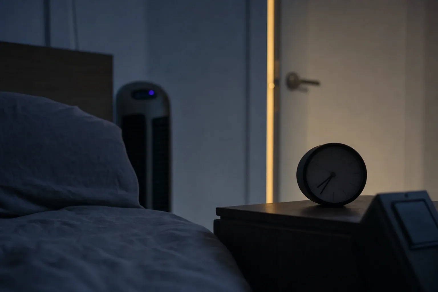 Quarto à noite com fresta de luz, controle de ambiente e objetos cotidianos desfocados, ilustrando estímulos que deixam o sono mais superficial.