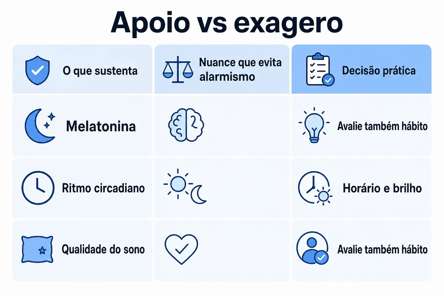 Comparativo visual entre o que sustenta evidência e as nuances que evitam alarmismo sobre luz azul e sono.