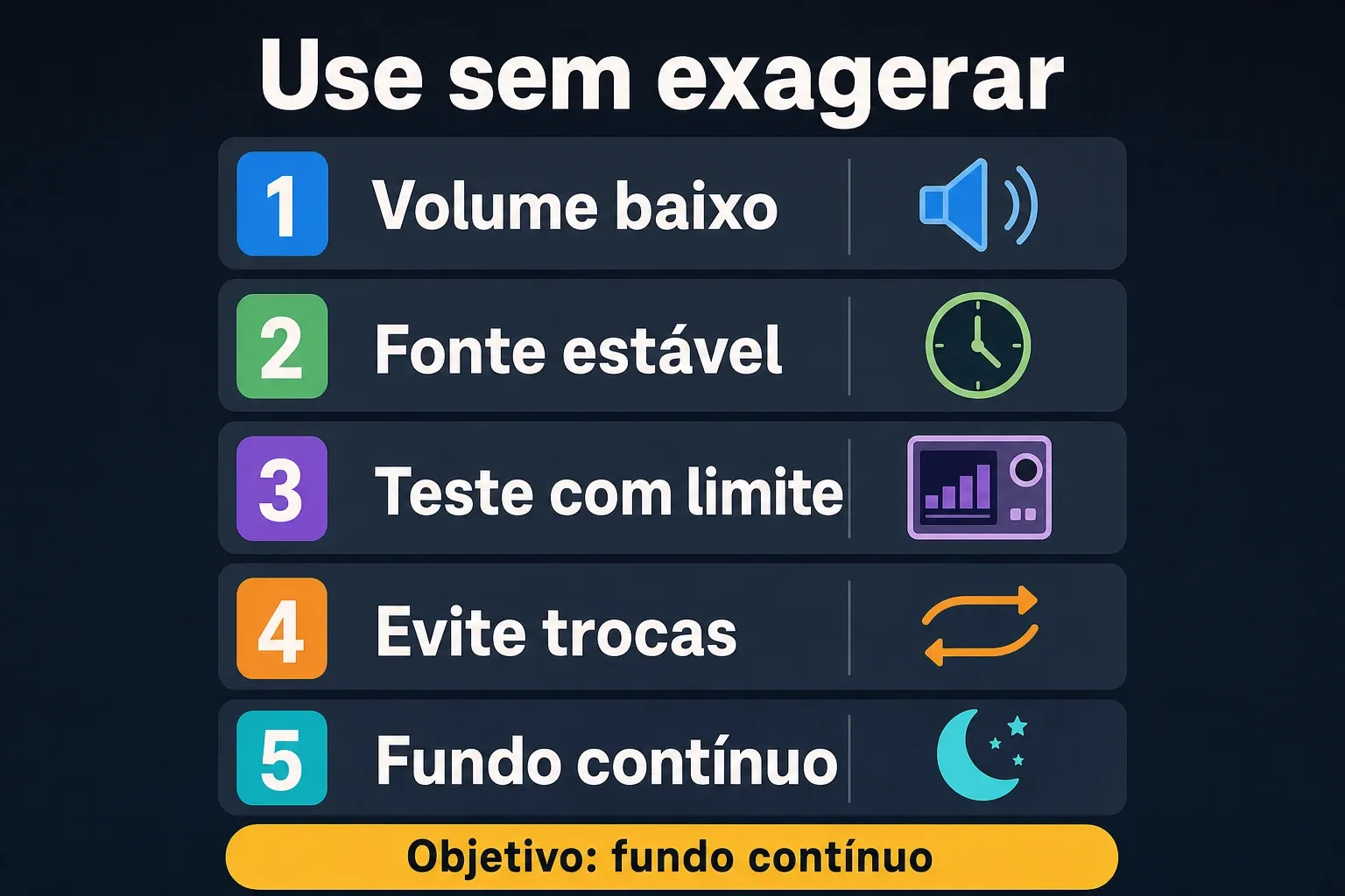 Passo a passo para usar ruído branco com volume baixo e fonte estável.