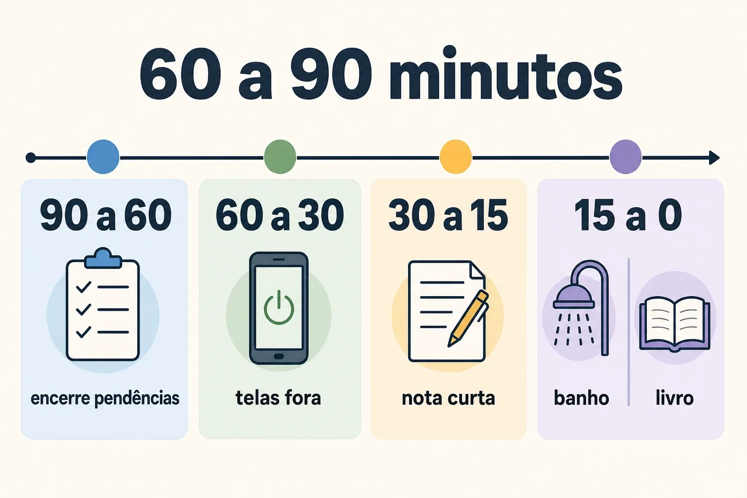 Infográfico com sequência de 60 a 90 minutos antes de dormir