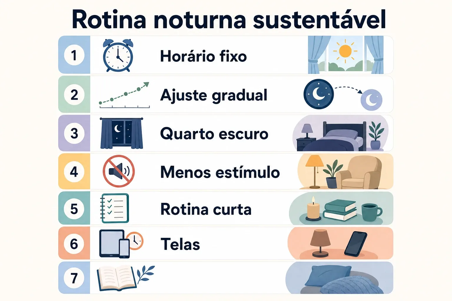 Infográfico com passos para montar uma rotina noturna sustentável baseada em higiene do sono.
