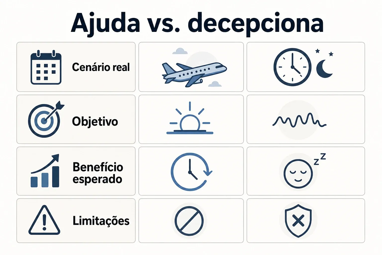 Infográfico comparando cenários em que a melatonina ajuda e quando decepciona, com rótulos curtos e legíveis.