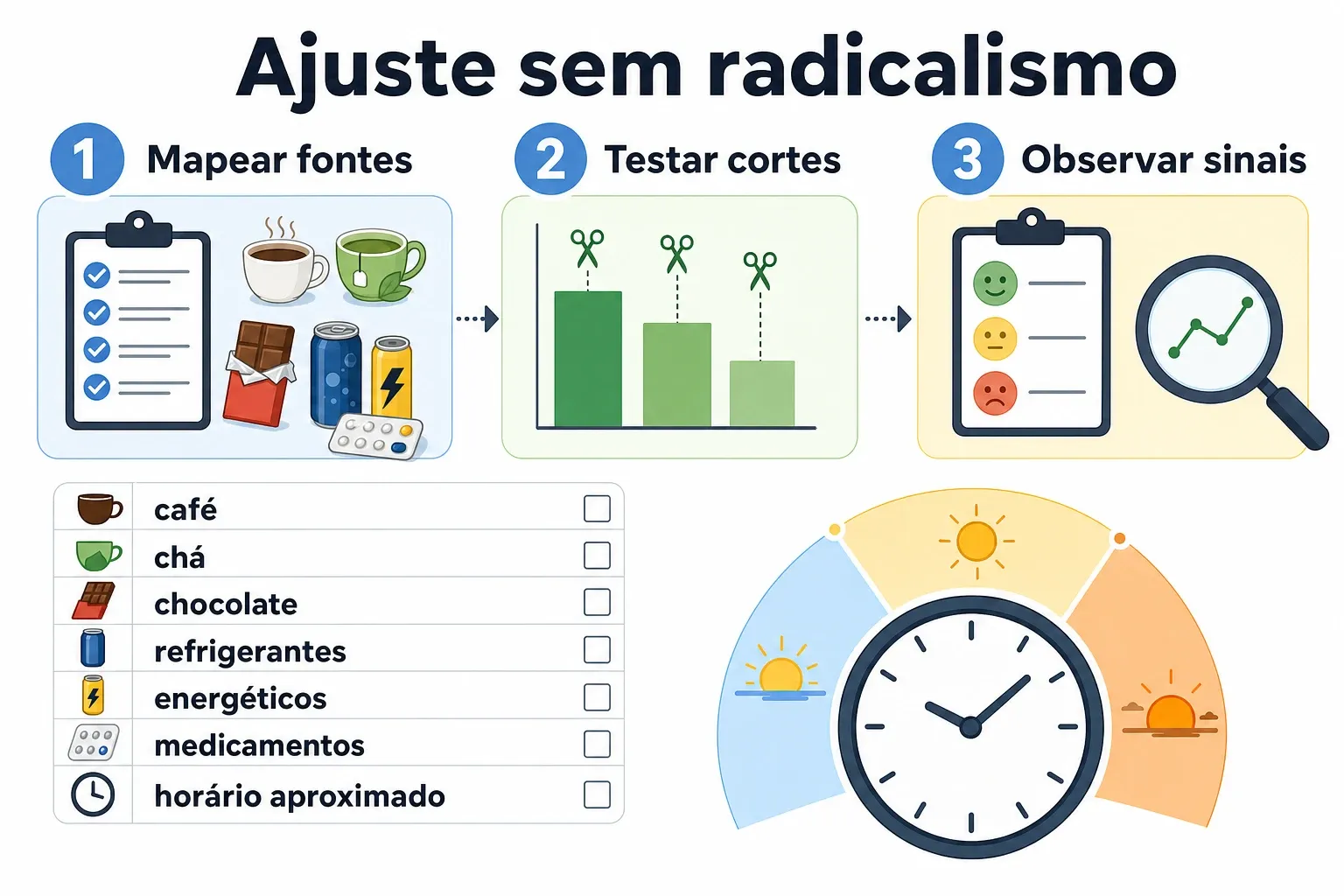 Infográfico com passos para ajustar cafeína ao longo do dia, com checklist de fontes e observação de sinais, renderizado com rótulos.