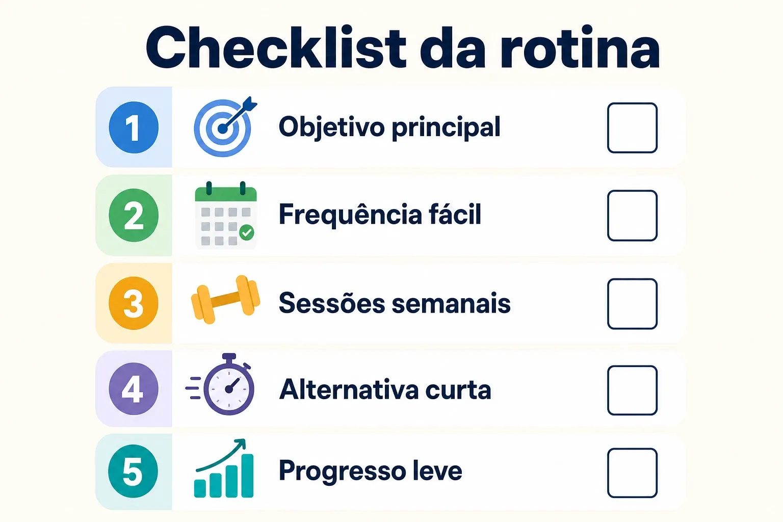 Infográfico checklist para montar uma rotina de exercício físico: objetivo, frequência fácil e progressão leve