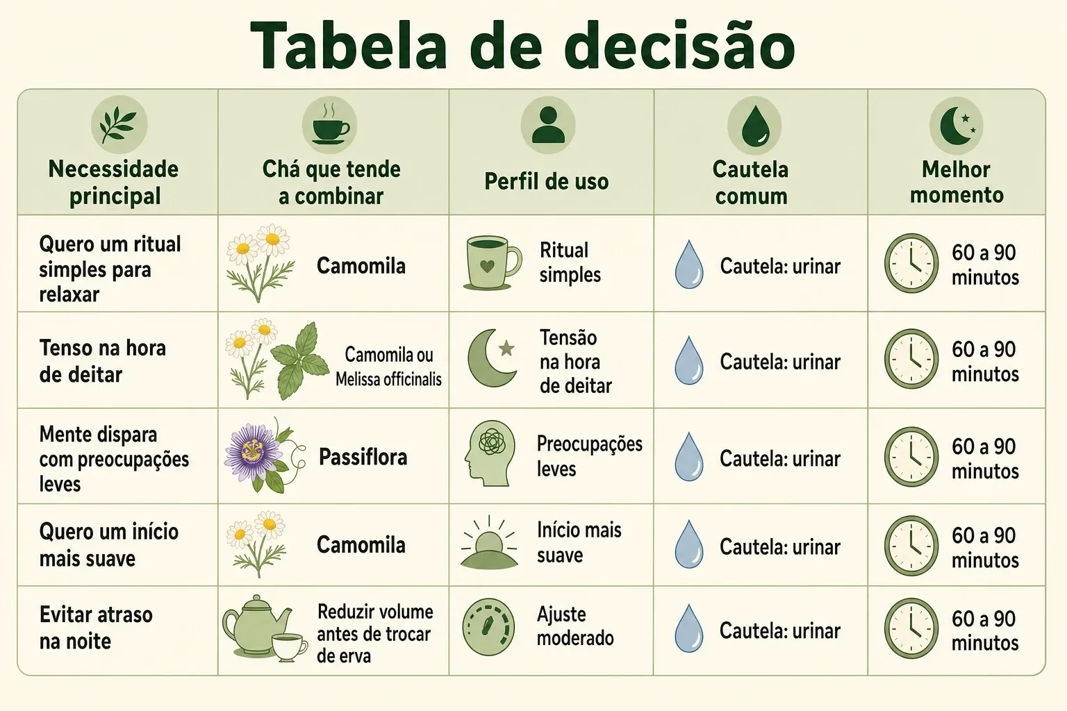 Infográfico com tabela de decisão relacionando necessidade, chá indicado, perfil de uso, cautela comum e melhor momento.
