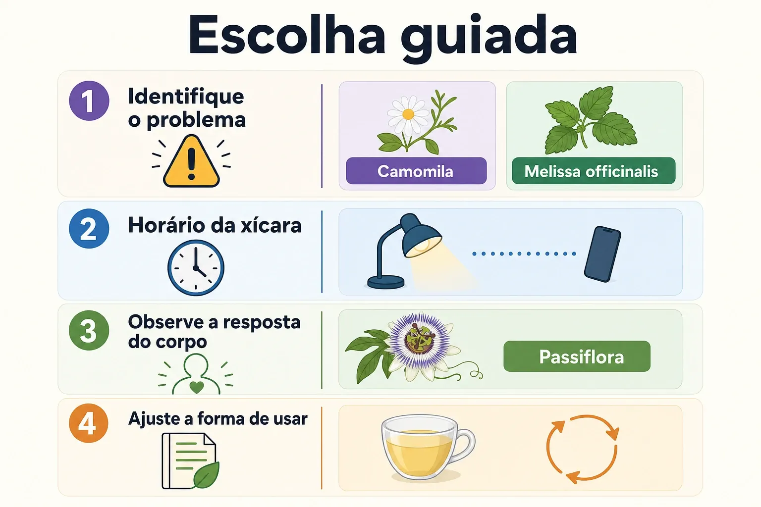 Infográfico em checklist com passos para escolher o chá certo para dormir melhor, incluindo horários e exemplos de plantas.