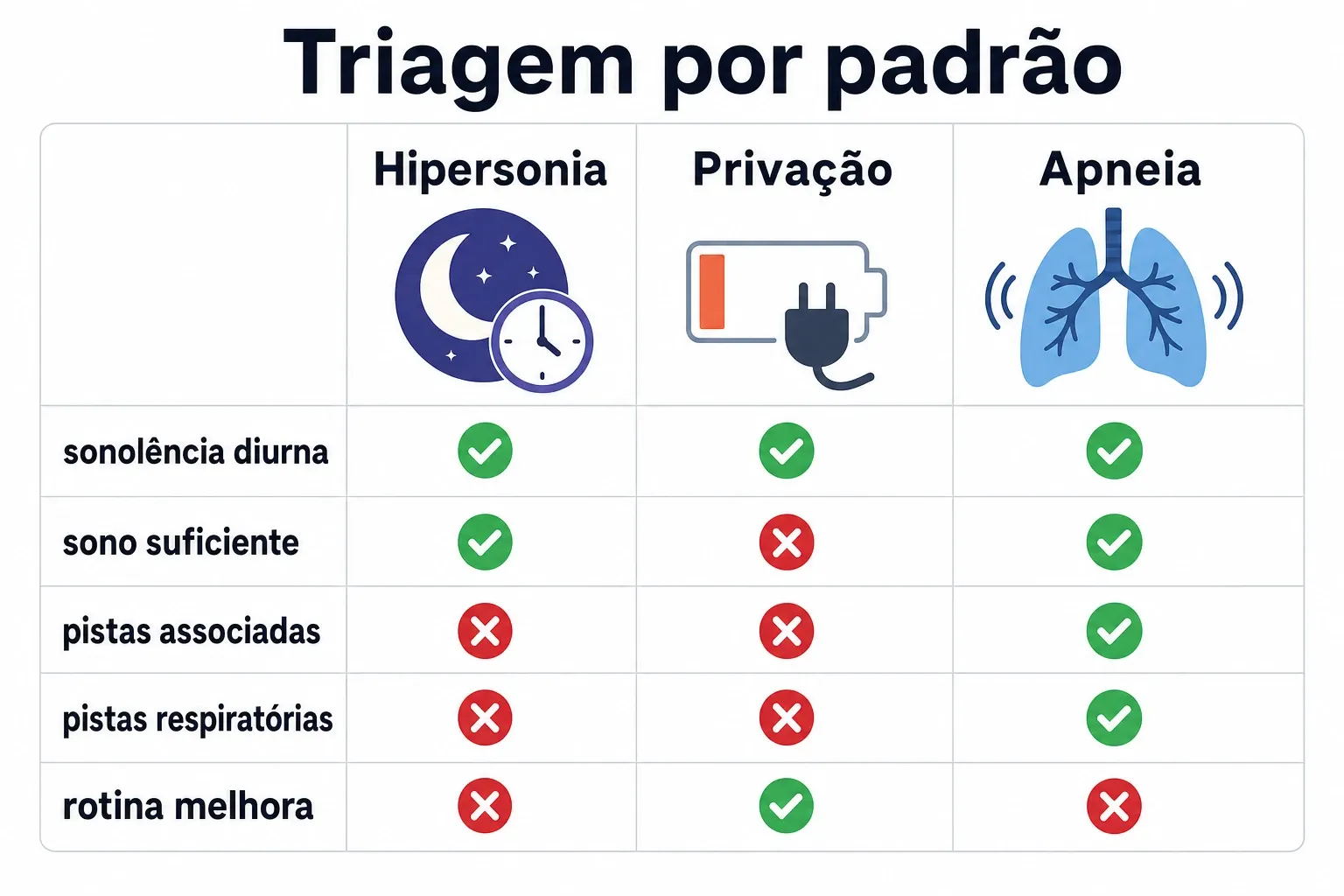 Quadro comparativo entre hipersonia, privação de sono e apneia com rótulos por padrão diurno e pistas associadas.