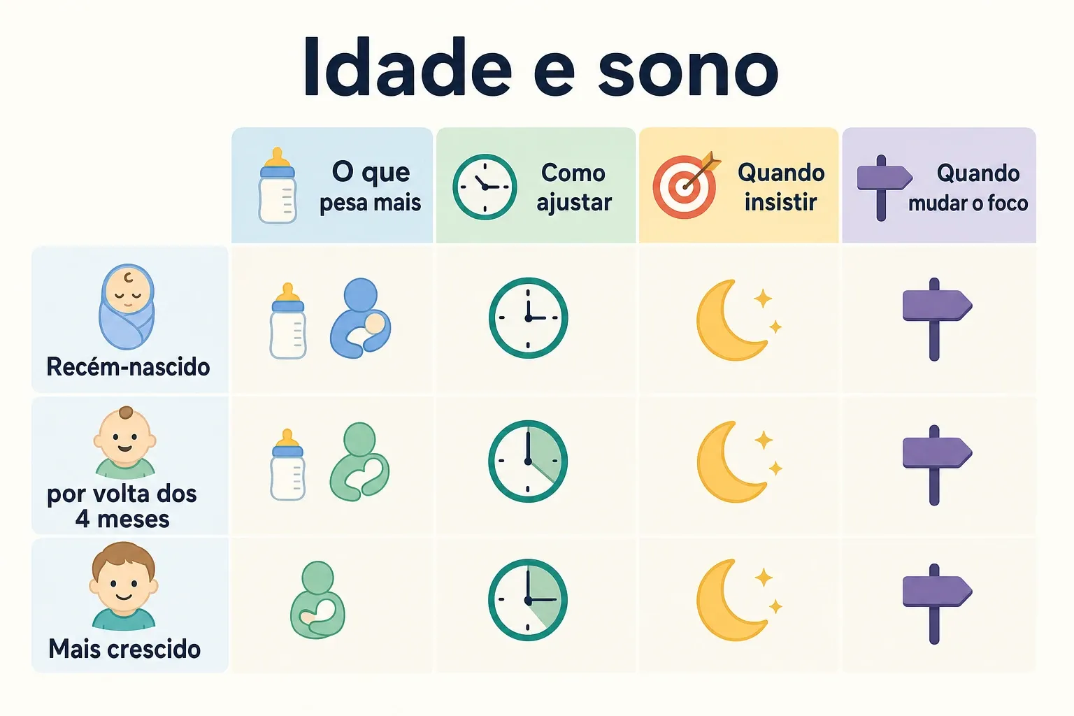 Comparativo visual mostrando como ajustar a técnica de dormir de acordo com a idade e o tipo de sono do bebê.